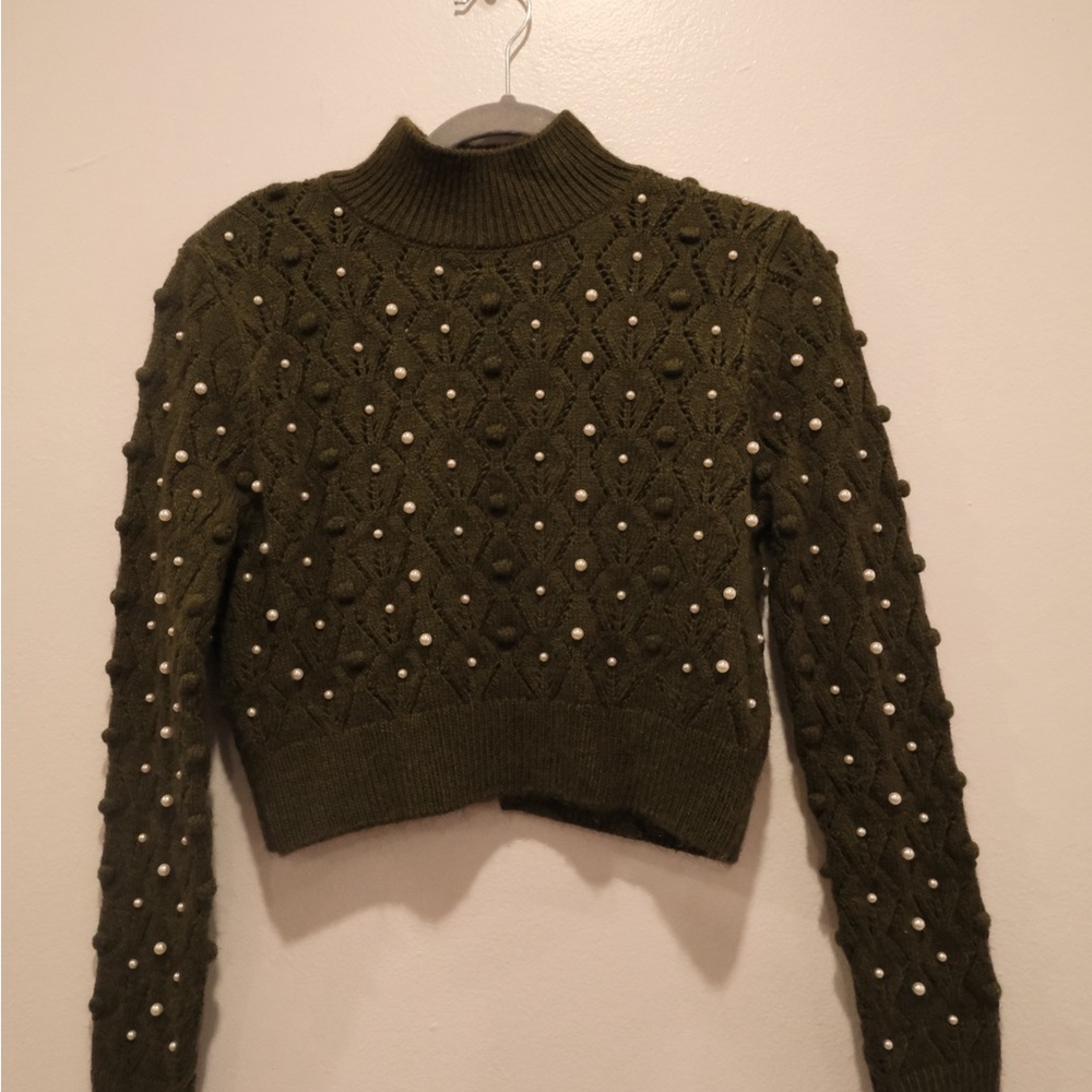 Zara Green Cowl Neck Sweater with Pearls.